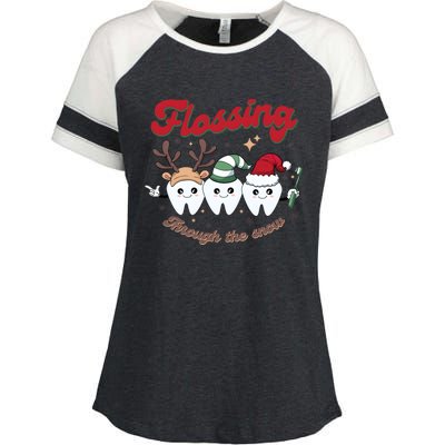 Christmas Dentist Flossing Through The Snow Dental Santa Claus Reindeer Enza Ladies Jersey Colorblock Tee