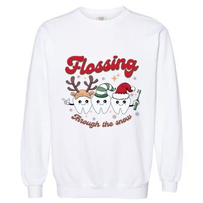 Christmas Dentist Flossing Through The Snow Dental Santa Claus Reindeer Garment-Dyed Sweatshirt