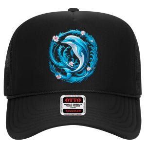 Cute Dolphin Floral High Crown Mesh Back Trucker Hat