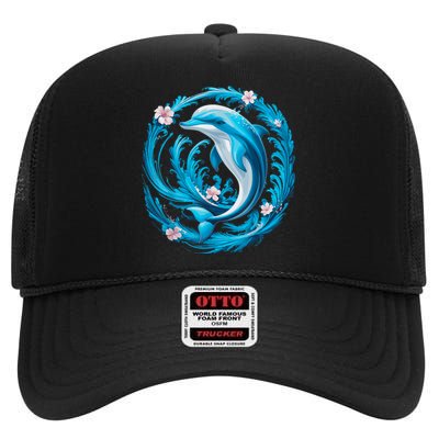 Cute Dolphin Floral High Crown Mesh Back Trucker Hat