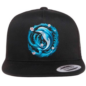 Cute Dolphin Floral Flat Bill Trucker Hat