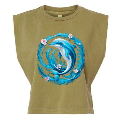 Cute Dolphin Floral Garment-Dyed Women's Muscle Tee