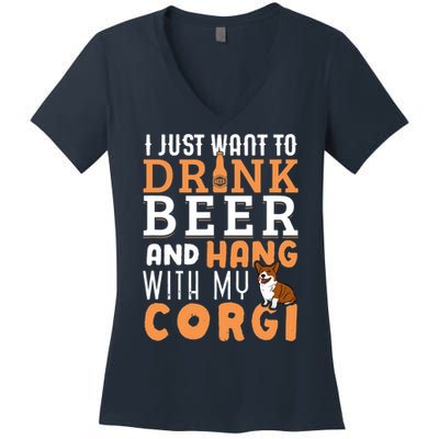 Corgi Dad Funny Father's Day Dog Lover Gift Beer Women's V-Neck T-Shirt