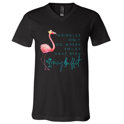 Cute Design Flamingo Wrinkles Only Go Where Smiles Have Been V-Neck T-Shirt