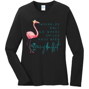 Cute Design Flamingo Wrinkles Only Go Where Smiles Have Been Ladies Long Sleeve Shirt