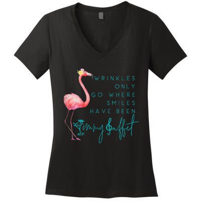 Cute Design Flamingo Wrinkles Only Go Where Smiles Have Been Women's V-Neck T-Shirt