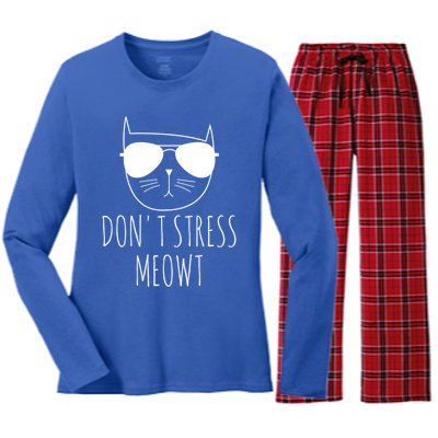 Cat Design Funny Pun Don't Stress Meowt Funny Saying Humour Meaningful Gift Women's Long Sleeve Flannel Pajama Set 