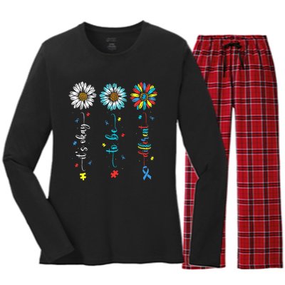 Cute Daisy Flower Autism Awareness Its Ok To Be Different Women's Long Sleeve Flannel Pajama Set 