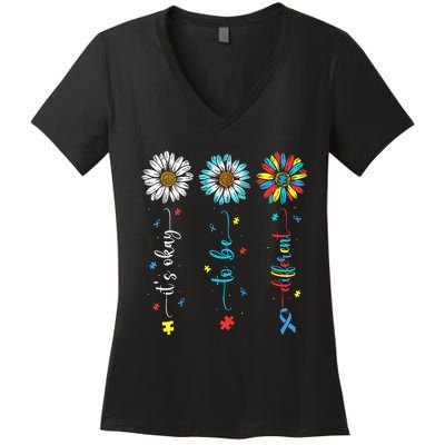 Cute Daisy Flower Autism Awareness Its Ok To Be Different Women's V-Neck T-Shirt