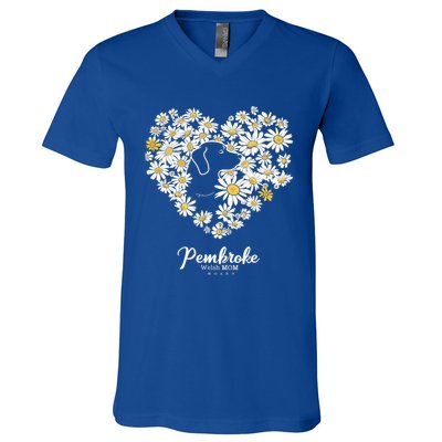 Cute Daisy Flower Heart Silhouette Pembroke Welsh Dog Mom Gift V-Neck T-Shirt