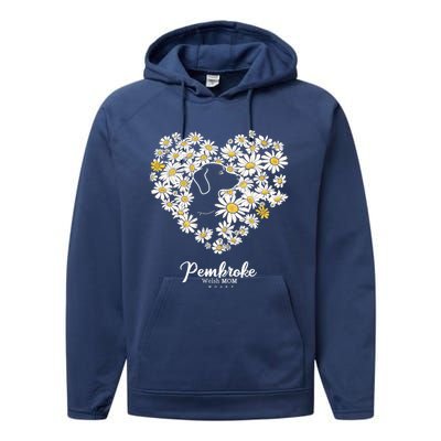 Cute Daisy Flower Heart Silhouette Pembroke Welsh Dog Mom Gift Performance Fleece Hoodie