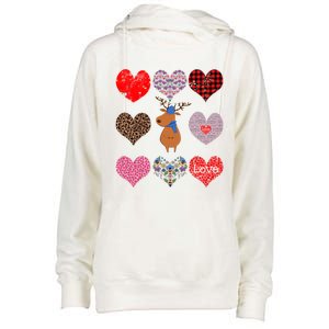 Cute Deer Funny Retro Floral Hearts Pattern Valentines Day Gift Womens Funnel Neck Pullover Hood