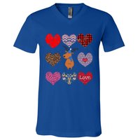 Cute Deer Funny Retro Floral Hearts Pattern Valentines Day Gift V-Neck T-Shirt