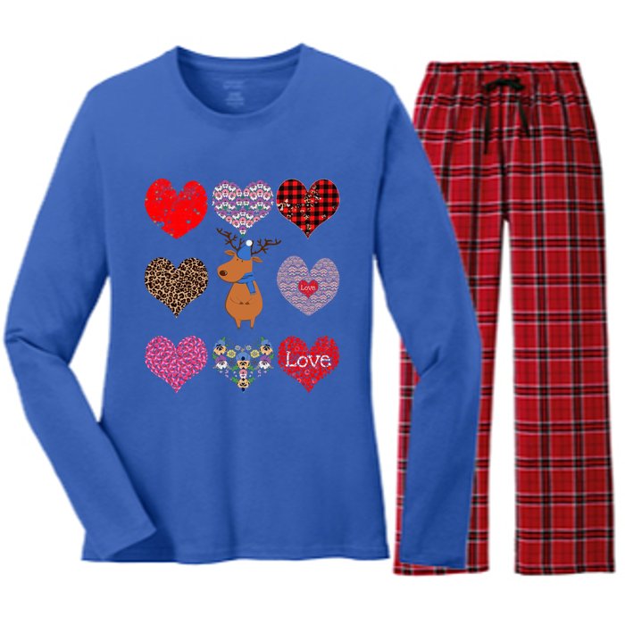 Cute Deer Funny Retro Floral Hearts Pattern Valentines Day Gift Women's Long Sleeve Flannel Pajama Set 