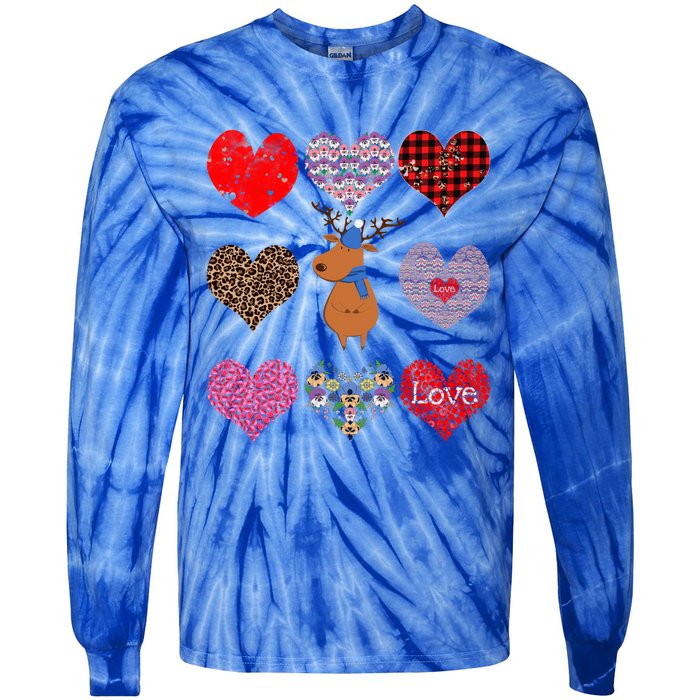 Cute Deer Funny Retro Floral Hearts Pattern Valentines Day Gift Tie-Dye Long Sleeve Shirt