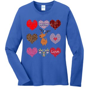 Cute Deer Funny Retro Floral Hearts Pattern Valentines Day Gift Ladies Long Sleeve Shirt