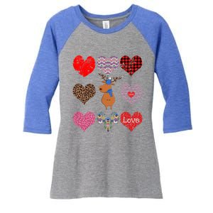 Cute Deer Funny Retro Floral Hearts Pattern Valentines Day Gift Women's Tri-Blend 3/4-Sleeve Raglan Shirt