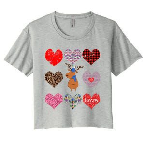 Cute Deer Funny Retro Floral Hearts Pattern Valentines Day Gift Women's Crop Top Tee