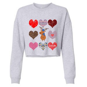 Cute Deer Funny Retro Floral Hearts Pattern Valentines Day Gift Cropped Pullover Crew