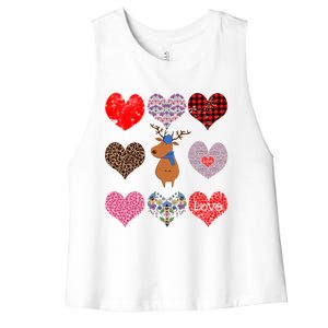 Cute Deer Funny Retro Floral Hearts Pattern Valentines Day Gift Women's Racerback Cropped Tank