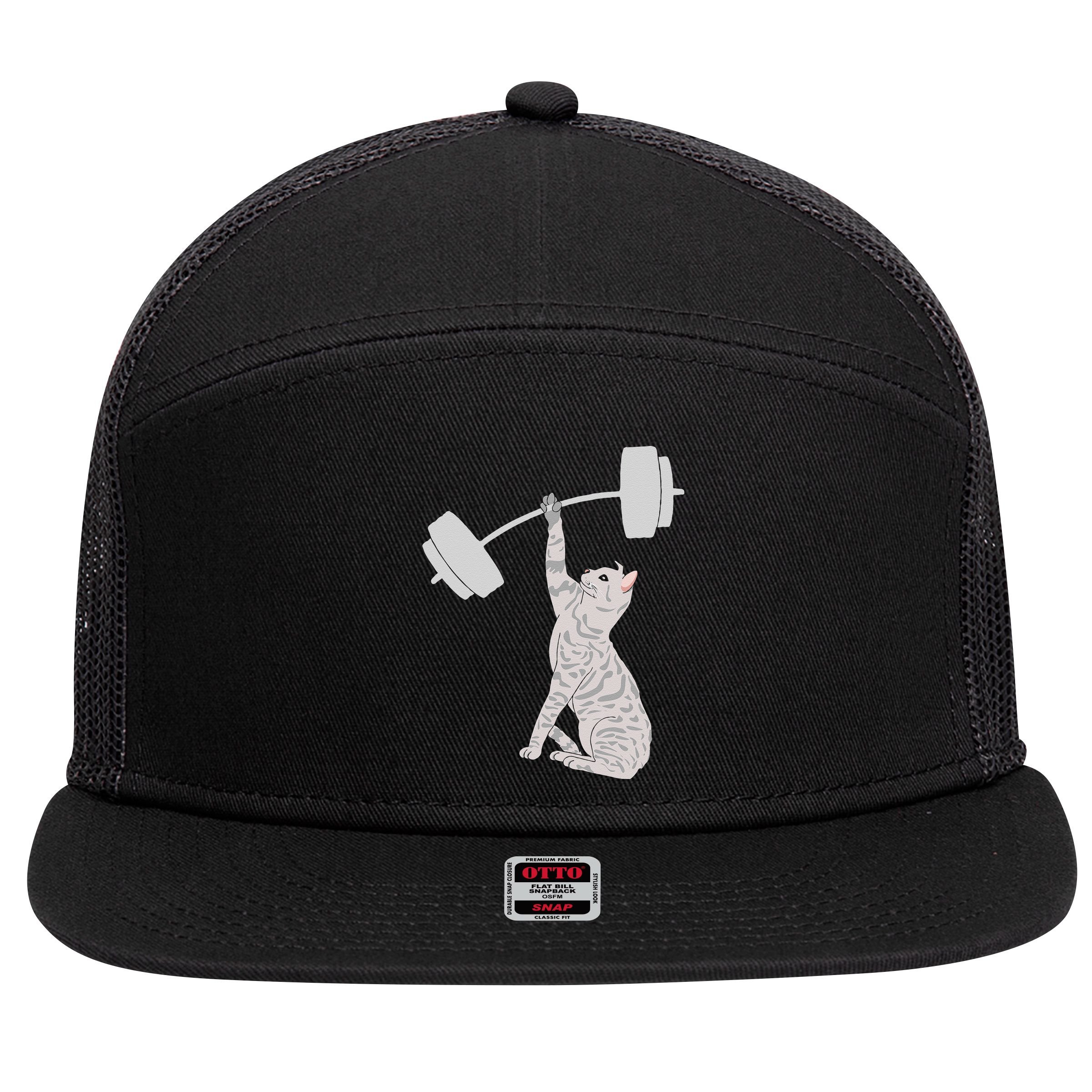 Cat Deadlifting Funny Fitness Gym Lover Cat BarBell 7 Panel Mesh Trucker Snapback Hat
