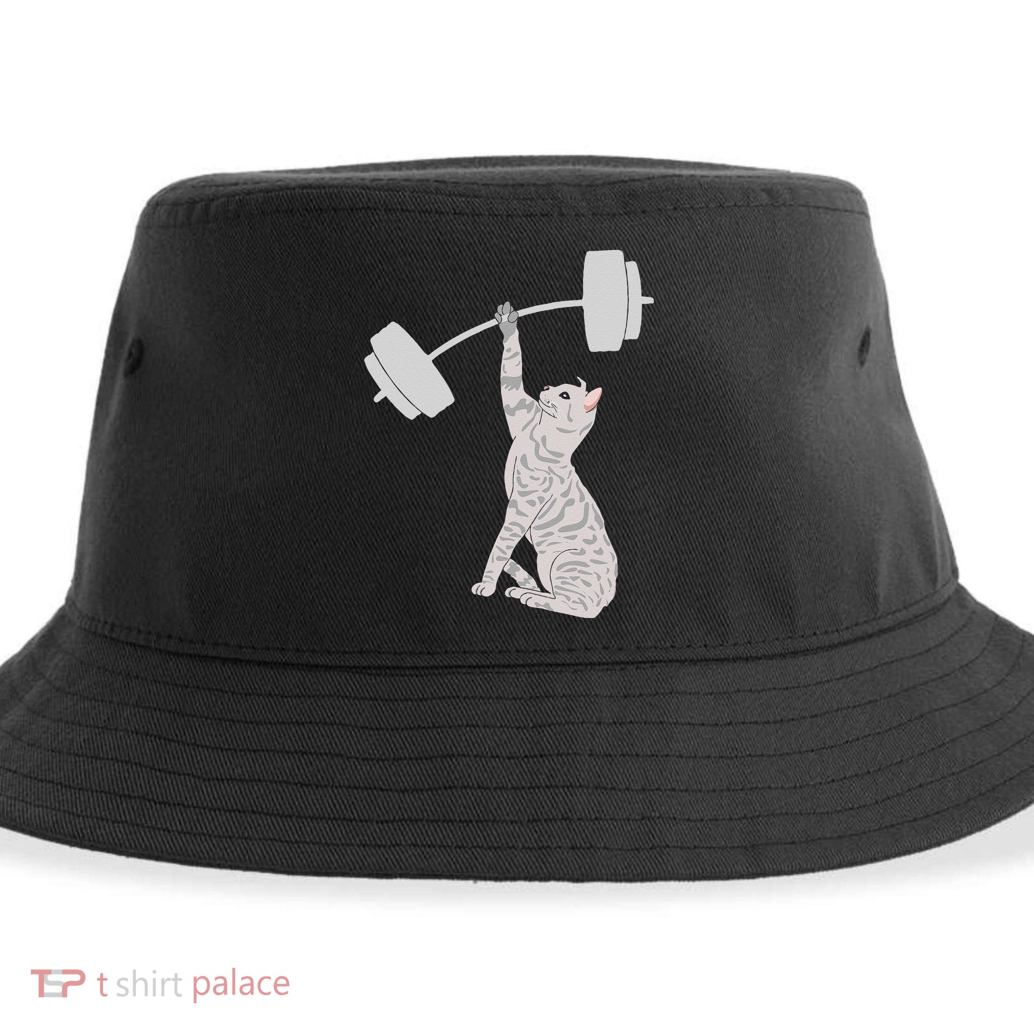 Cat Deadlifting Funny Fitness Gym Lover Cat BarBell Sustainable Bucket Hat