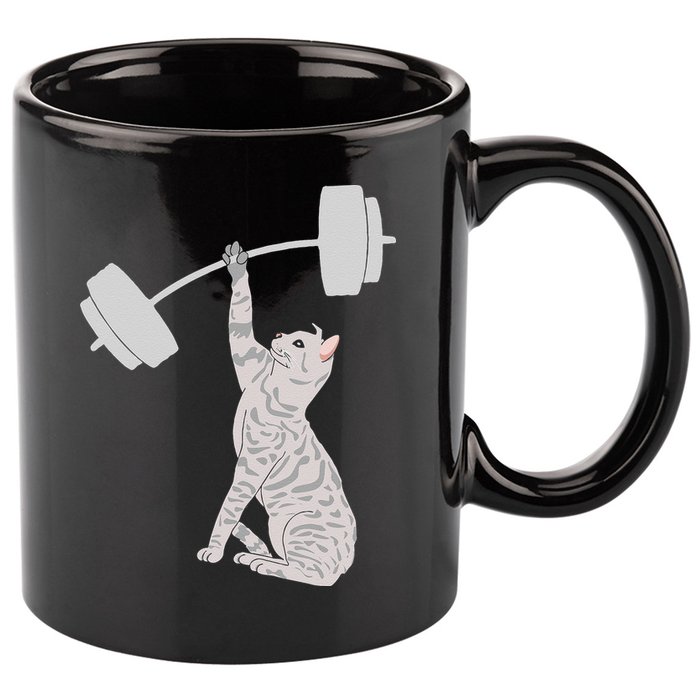 Cat Deadlifting Funny Fitness Gym Lover Cat BarBell 11oz C Handle Ceramic Mug
