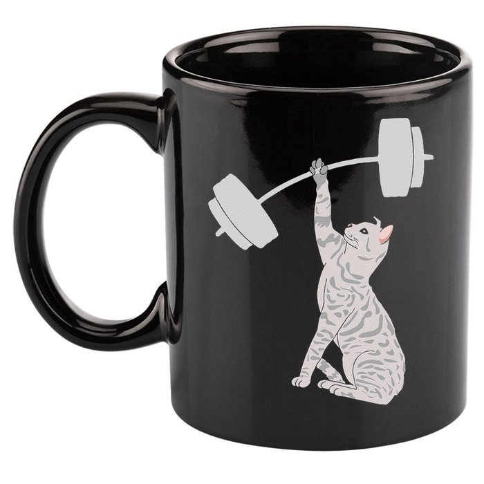 Cat Deadlifting Funny Fitness Gym Lover Cat BarBell 11oz C Handle Ceramic Mug