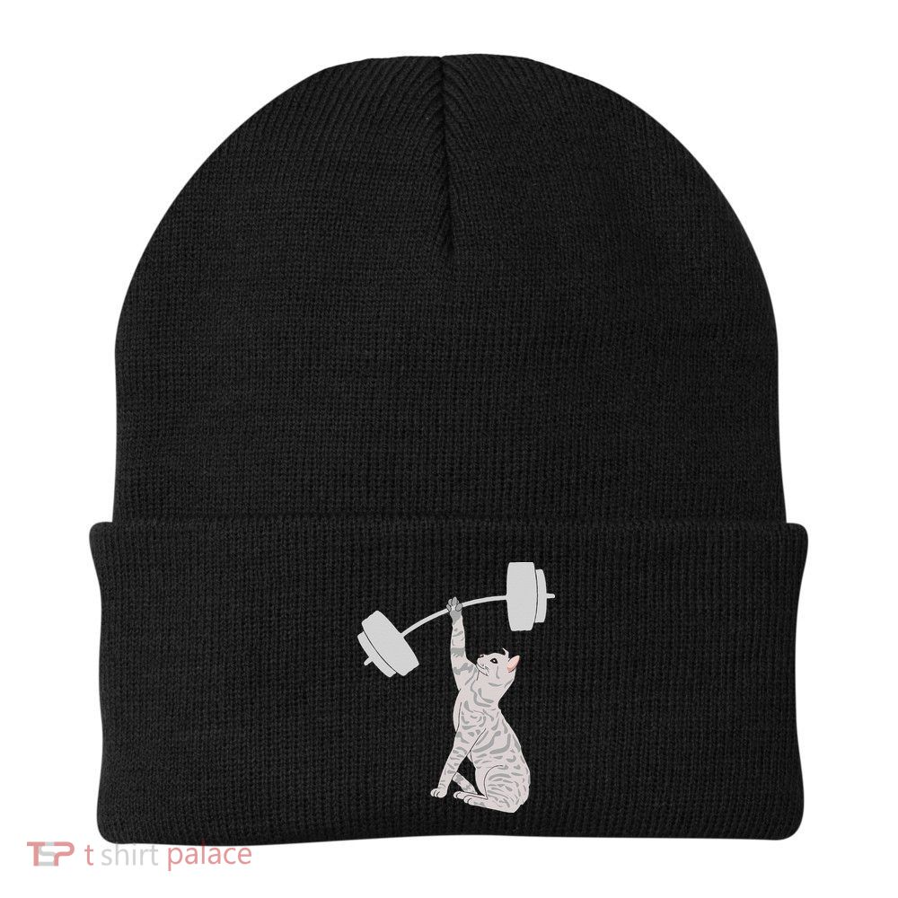 Cat Deadlifting Funny Fitness Gym Lover Cat BarBell Beanie