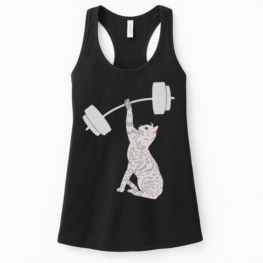 Cat Deadlifting Funny Fitness Gym Lover Cat BarBell Womens Tank Top