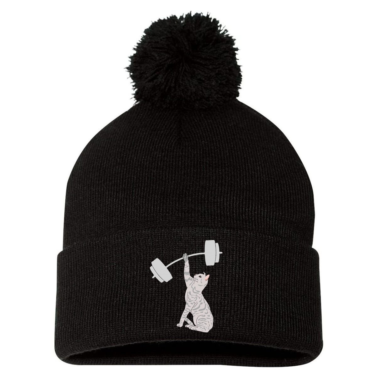 Cat Deadlifting Funny Fitness Gym Lover Cat BarBell Pom Pom 12in Knit Beanie