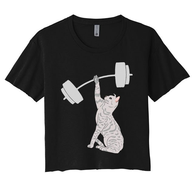 Cat Deadlifting Funny Fitness Gym Lover Cat BarBell Crop Top