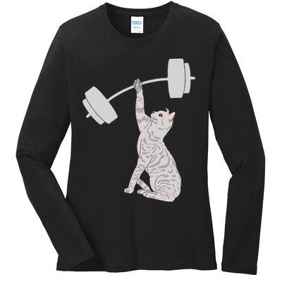 Cat Deadlifting Funny Fitness Gym Lover Cat BarBell Ladies Long Sleeve Shirt
