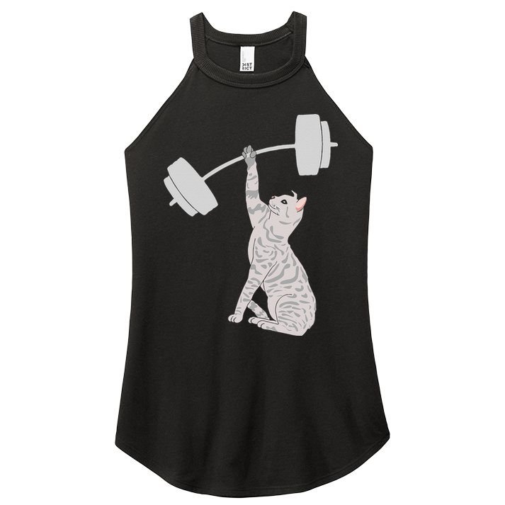 Cat Deadlifting Funny Fitness Gym Lover Cat BarBell Women's Perfect Tri Rocker Tank