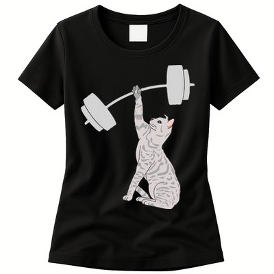 Cat Deadlifting Funny Fitness Gym Lover Cat BarBell Womens T-Shirt