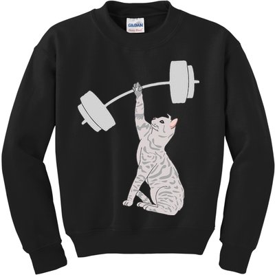 Cat Deadlifting Funny Fitness Gym Lover Cat BarBell Kids Sweatshirt