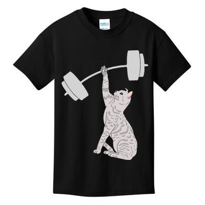Cat Deadlifting Funny Fitness Gym Lover Cat BarBell Kids T-Shirt
