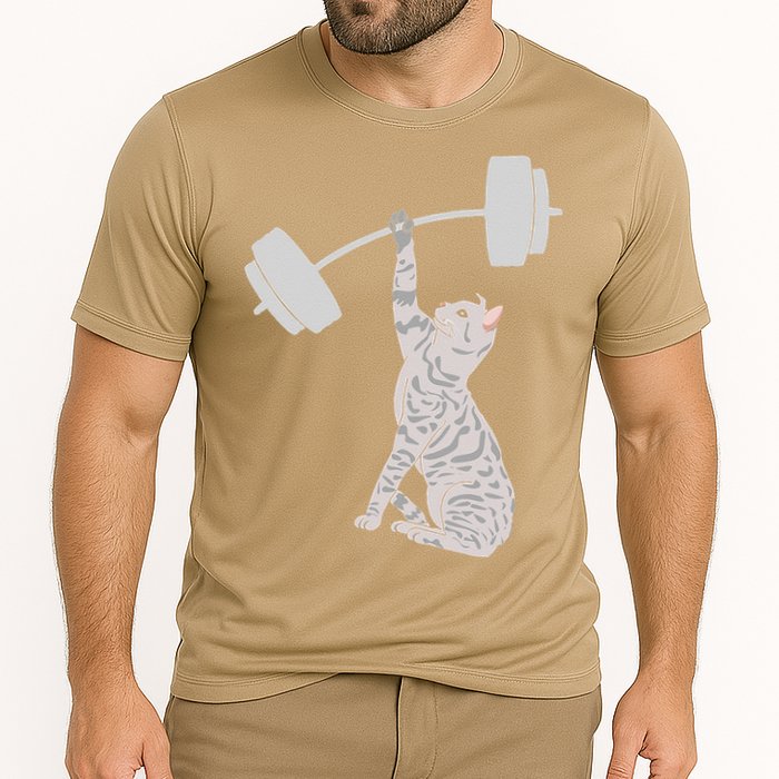 Cat Deadlifting Funny Fitness Gym Lover Cat BarBell Cooling Performance Crew T-Shirt