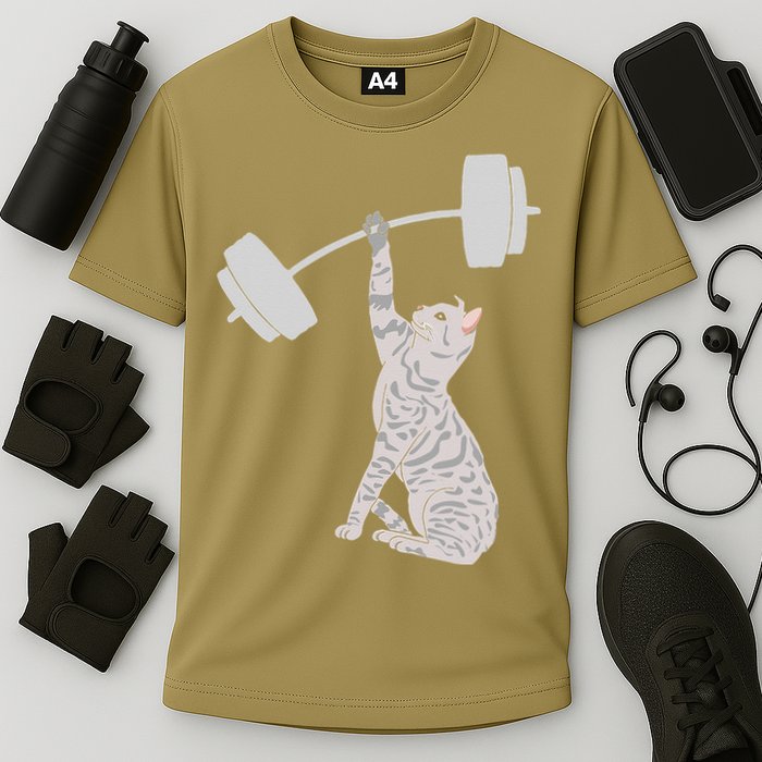 Cat Deadlifting Funny Fitness Gym Lover Cat BarBell Cooling Performance Crew T-Shirt