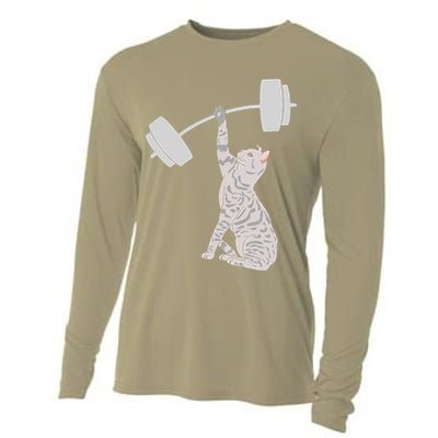 Cat Deadlifting Funny Fitness Gym Lover Cat BarBell Cooling Performance Long Sleeve Crew