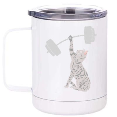 Cat Deadlifting Funny Fitness Gym Lover Cat BarBell 12 oz Stainless Steel Tumbler Cup