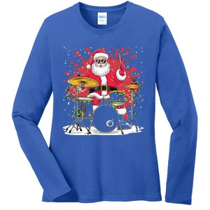 Christmas Drummer Funny Santa Claus On Drums Ladies Long Sleeve Shirt