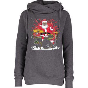 Christmas Drummer Funny Santa Claus On Drums Womens Funnel Neck Pullover Hood