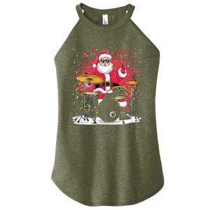 Christmas Drummer Funny Santa Claus On Drums Women's Perfect Tri Rocker Tank