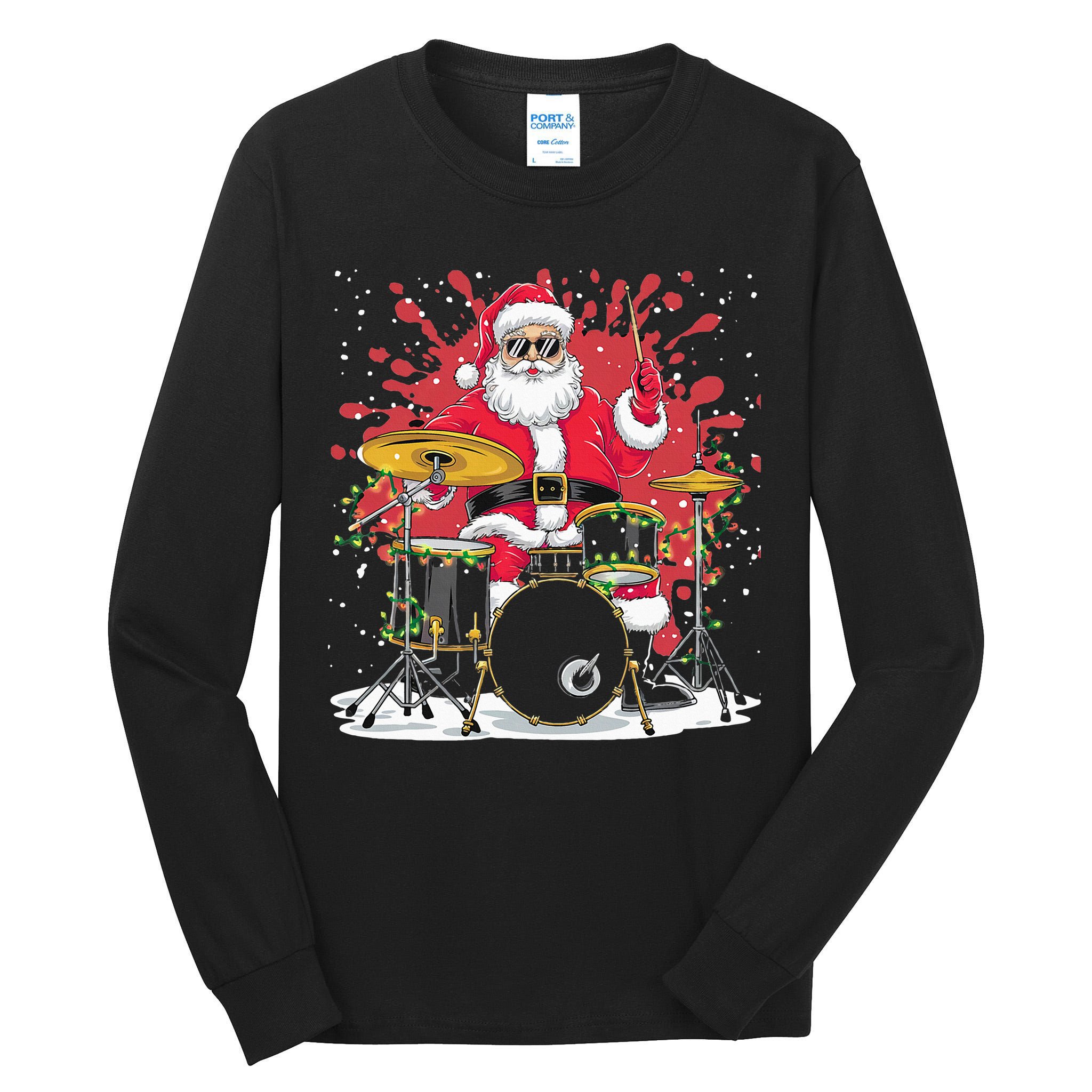 Christmas Drummer Funny Santa Claus On Drums For Music Lover Tall Long Sleeve T-Shirt