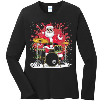Christmas Drummer Funny Santa Claus On Drums For Music Lover Ladies Long Sleeve Shirt