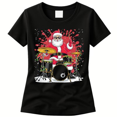 Christmas Drummer Funny Santa Claus On Drums For Music Lover Womens T-Shirt