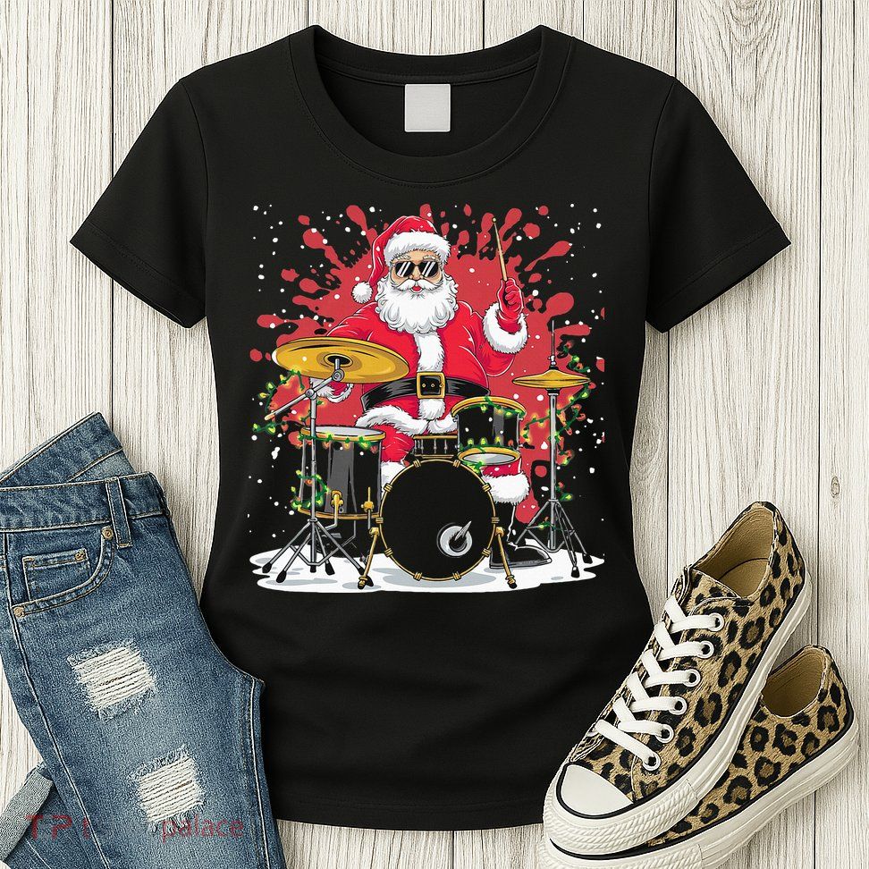 Christmas Drummer Funny Santa Claus On Drums For Music Lover Womens T-Shirt