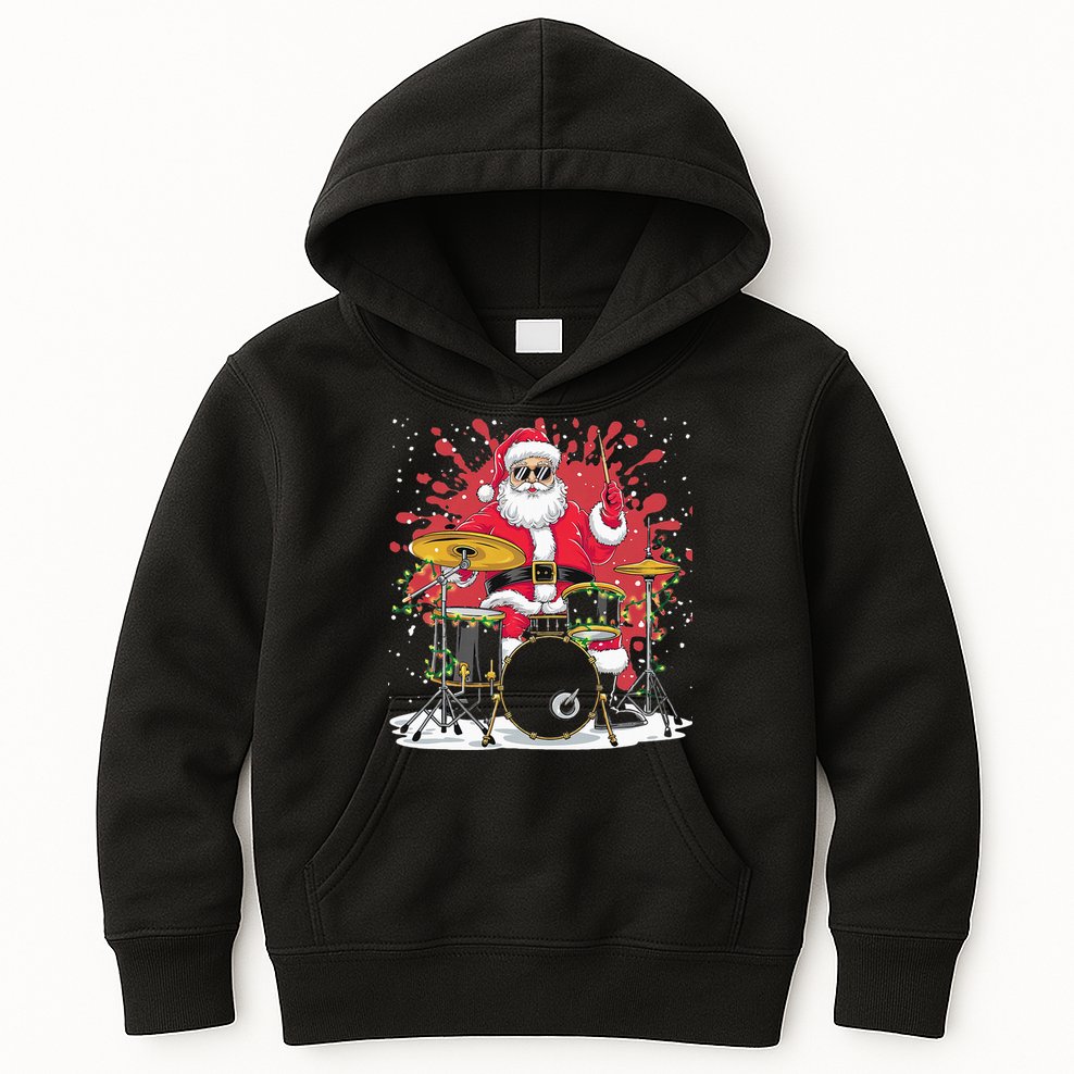 Christmas Drummer Funny Santa Claus On Drums For Music Lover Kids Hoodie