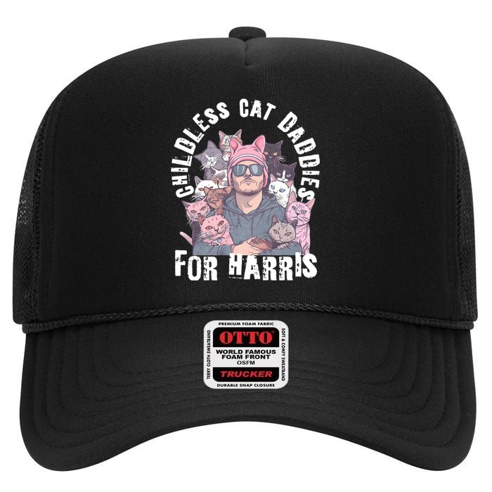 Cat Daddies For Harris Vote Hat Feminist Cat Dad High Crown Mesh Back Trucker Hat